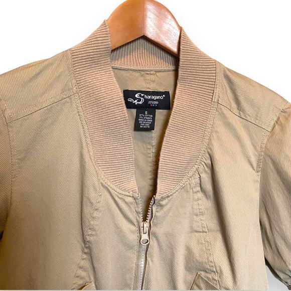 Vntg Y2k Sharagano Studio Cropped Utility Bomber Jacket Sz L Tan Puff Sleeve - Picture 3 of 13